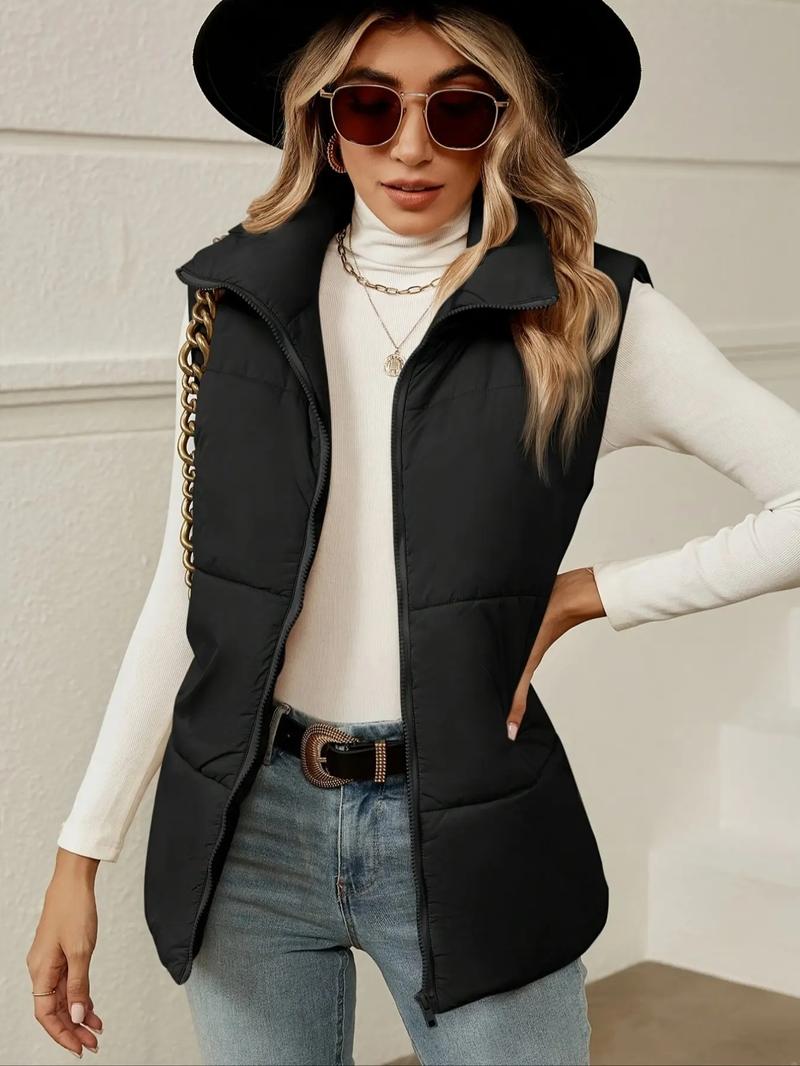 Women's Solid Zip Up Puffer Vest Coat, Zip Up Coats, Casual Sleeveless Thermal Lined Outerwear for Fall & Winter, Women's Clothing for Daily Wear