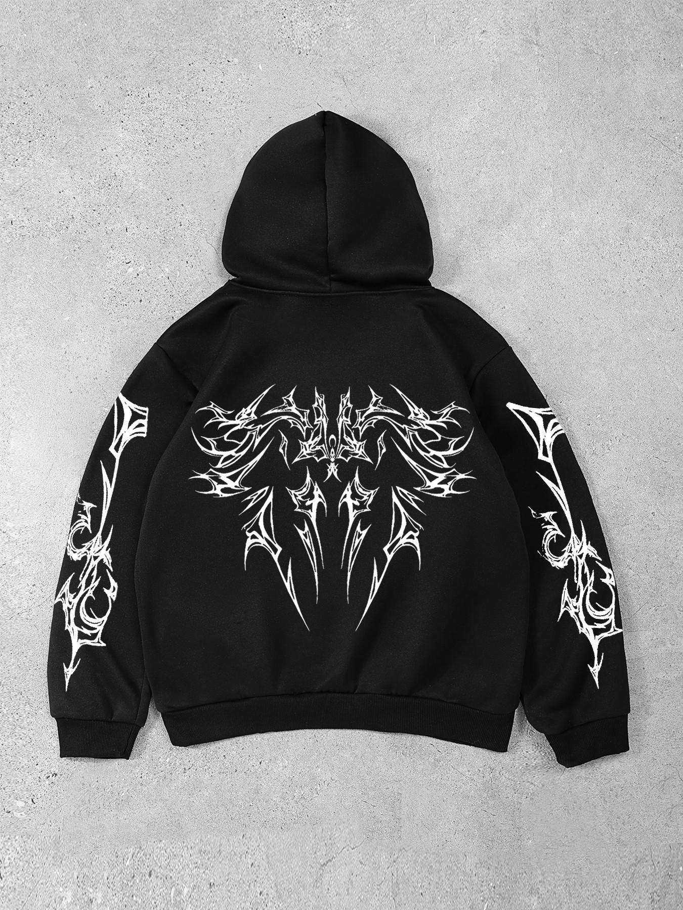 Y2K Grunge Aesthetic Oversized Hoodie, Cyber-Tribal Graphic Print 