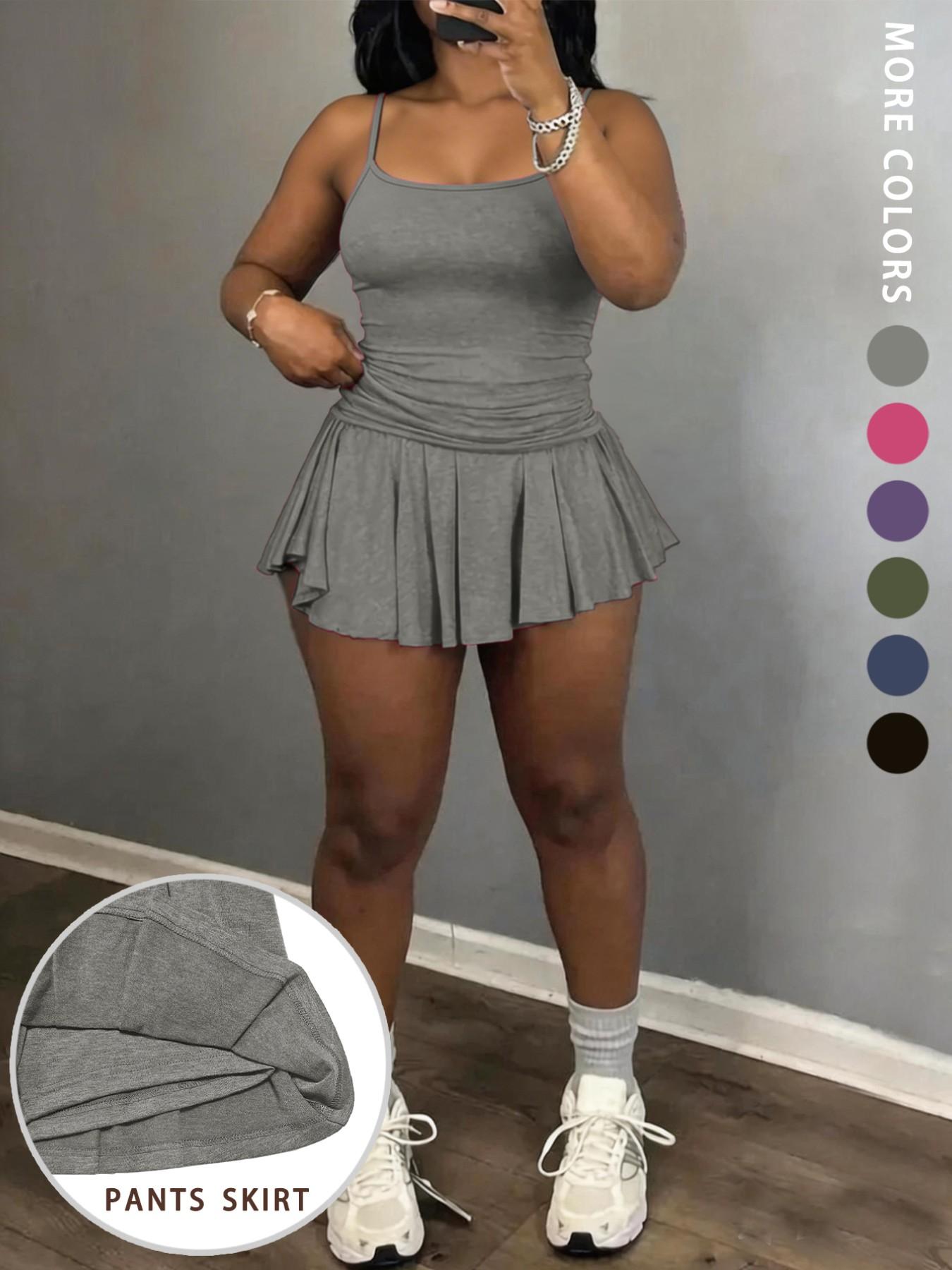 Fashion Sporty Halter Top Women's Set, Integrated Anti-Slip Design Running Sports Short Skirt Two-Piece, Casual Style