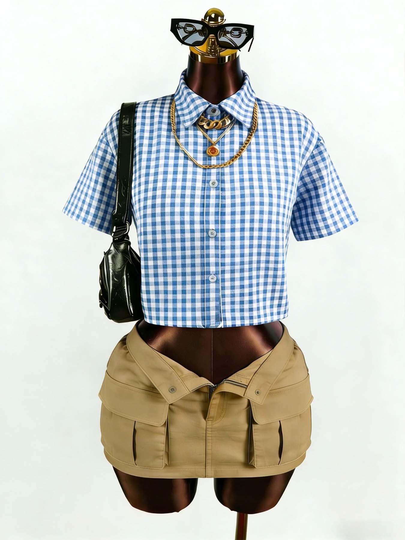tiktokshopspringglowup Viral Gingham umbilical plaid top paired with work pants mini skirt 🖤  Y2K streetwear, checkered button down shirt, low waist practical skirt, summer out fashion, casual daily wear