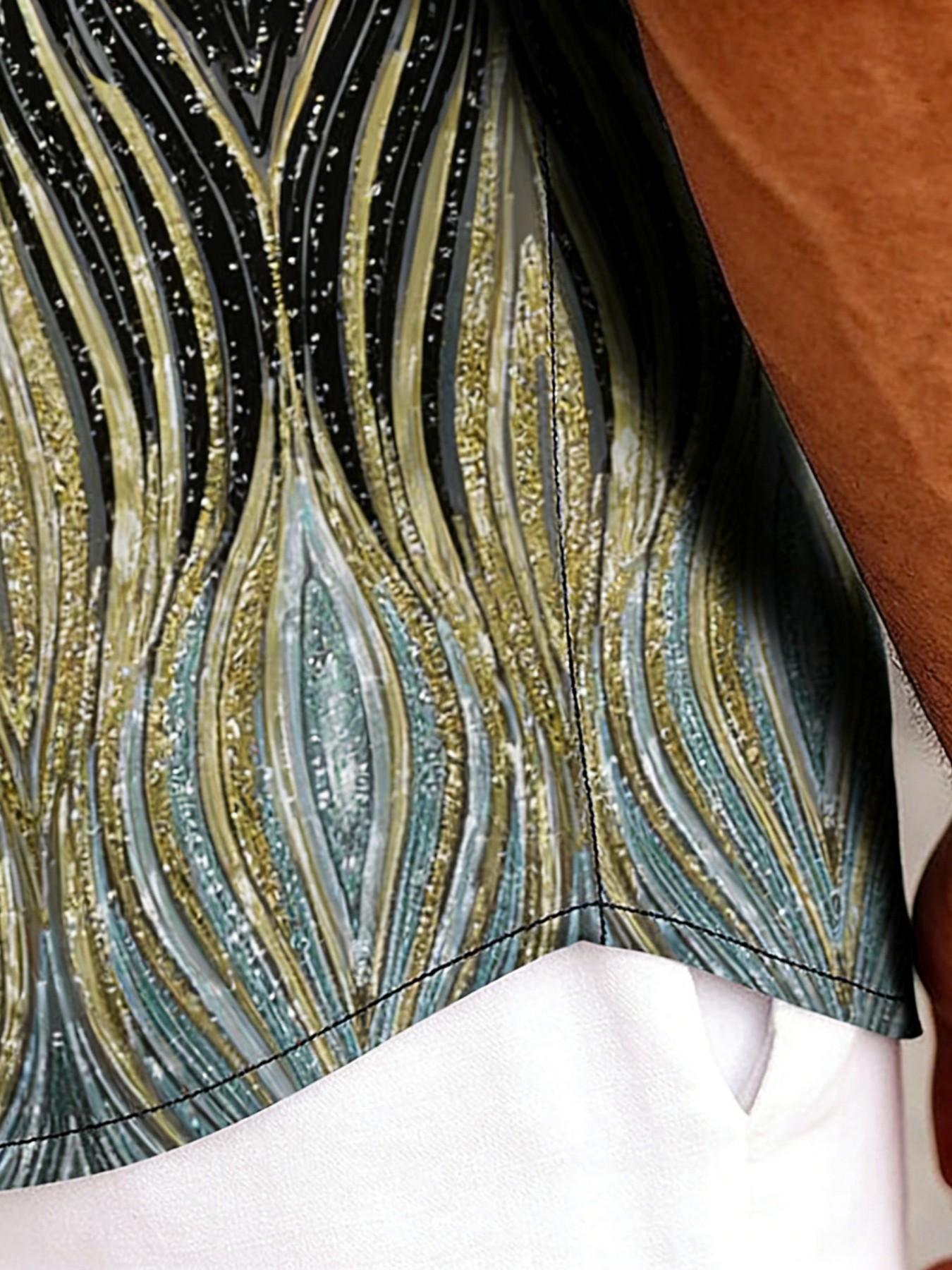 Men's Gradient Wave Gold Foil Print Short Sleeve Shirt, Summer Casual Vacation Style Collar Open Front Jacket, Trendy Unique Floral Blouse