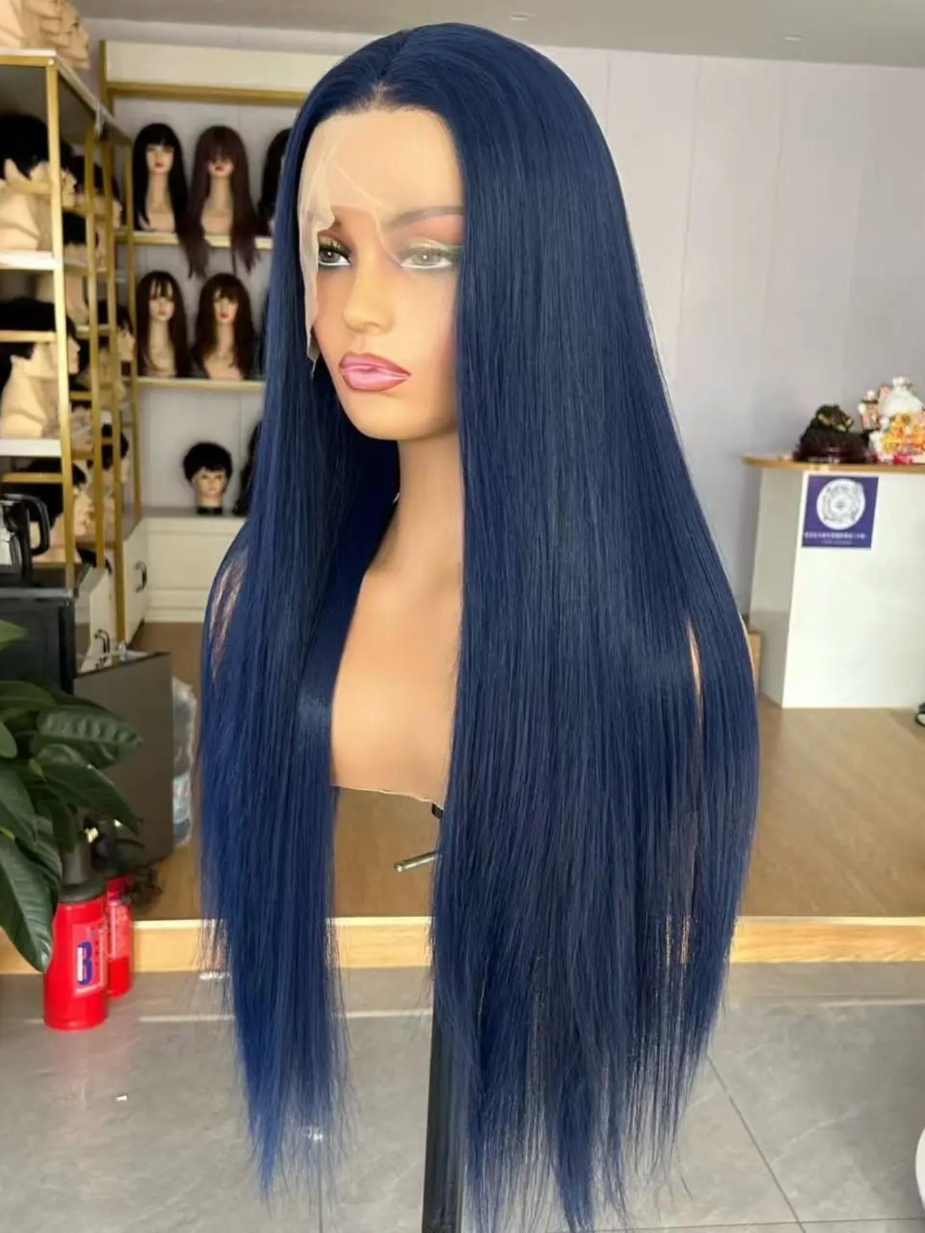 28-Inch Deep Blue Straight Wig for Women, Soft Lace Front, 180% Density, Pre-Plucked, No Glue, Heat Resistant, Daily Use