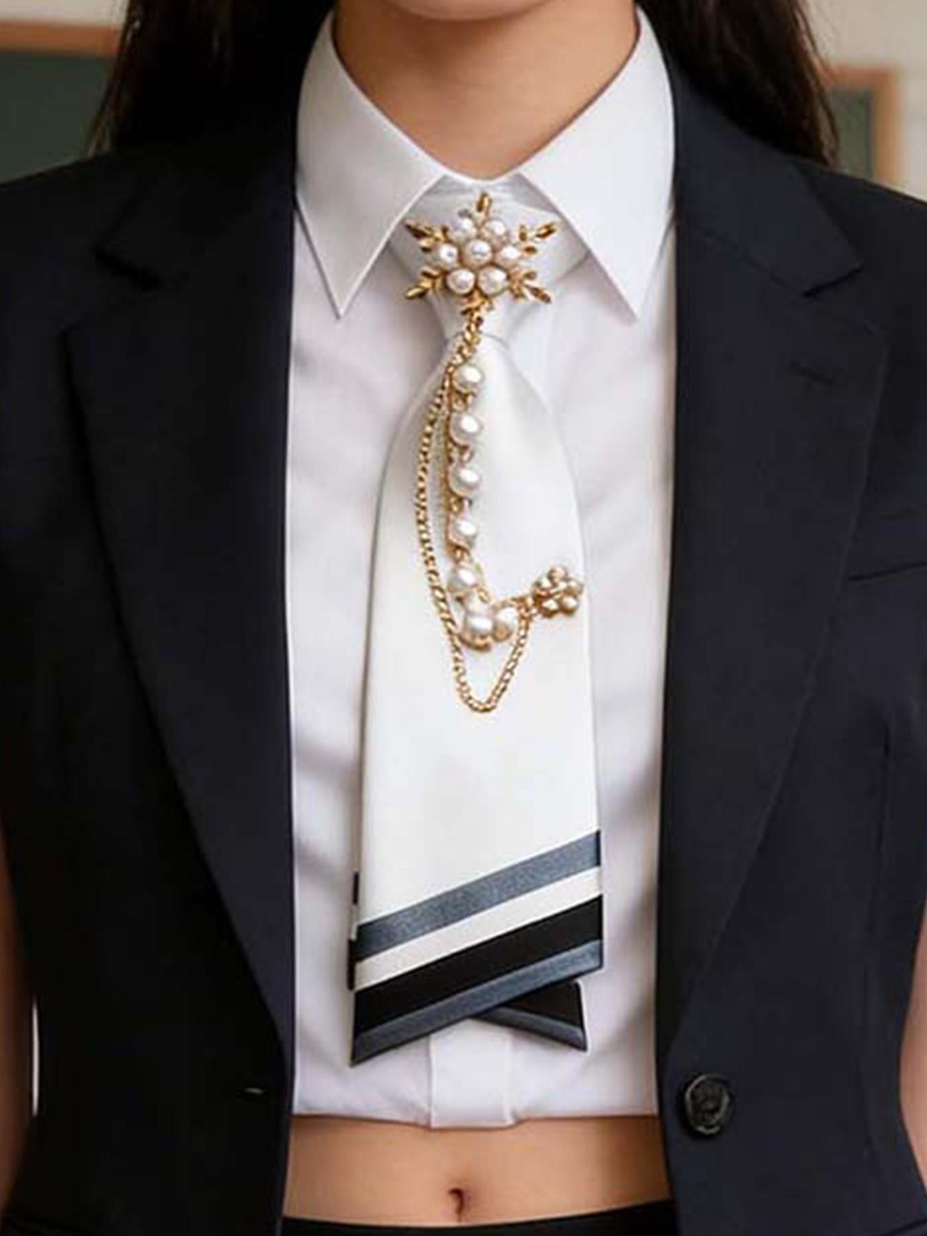 Pre-Tied Casual Elegant Tie - Smooth Satin Necktie with Imitation Pearl & Metal Accents, School Uniform & Classic Shirt Match, Ideal for Graduation & Formal Occasions