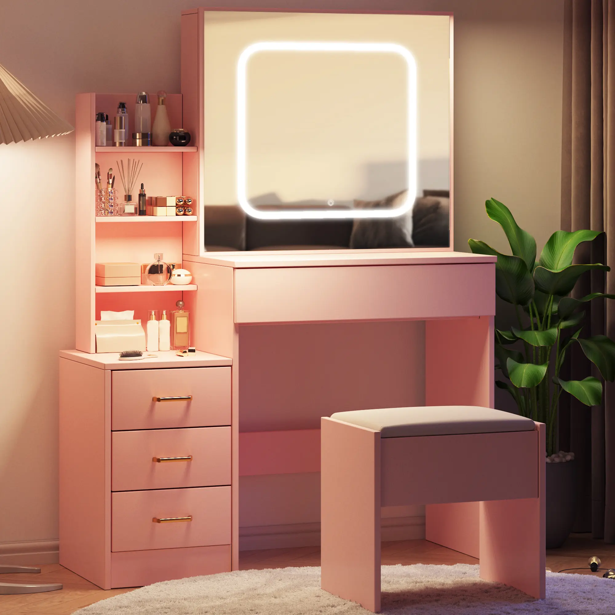 Sliding LED Mirror Vanity Desk with Drawers, Power Outlet, Adjustable Lighting & Storage Shelves – Bedroom Makeup Table with Cushioned Stool for Women