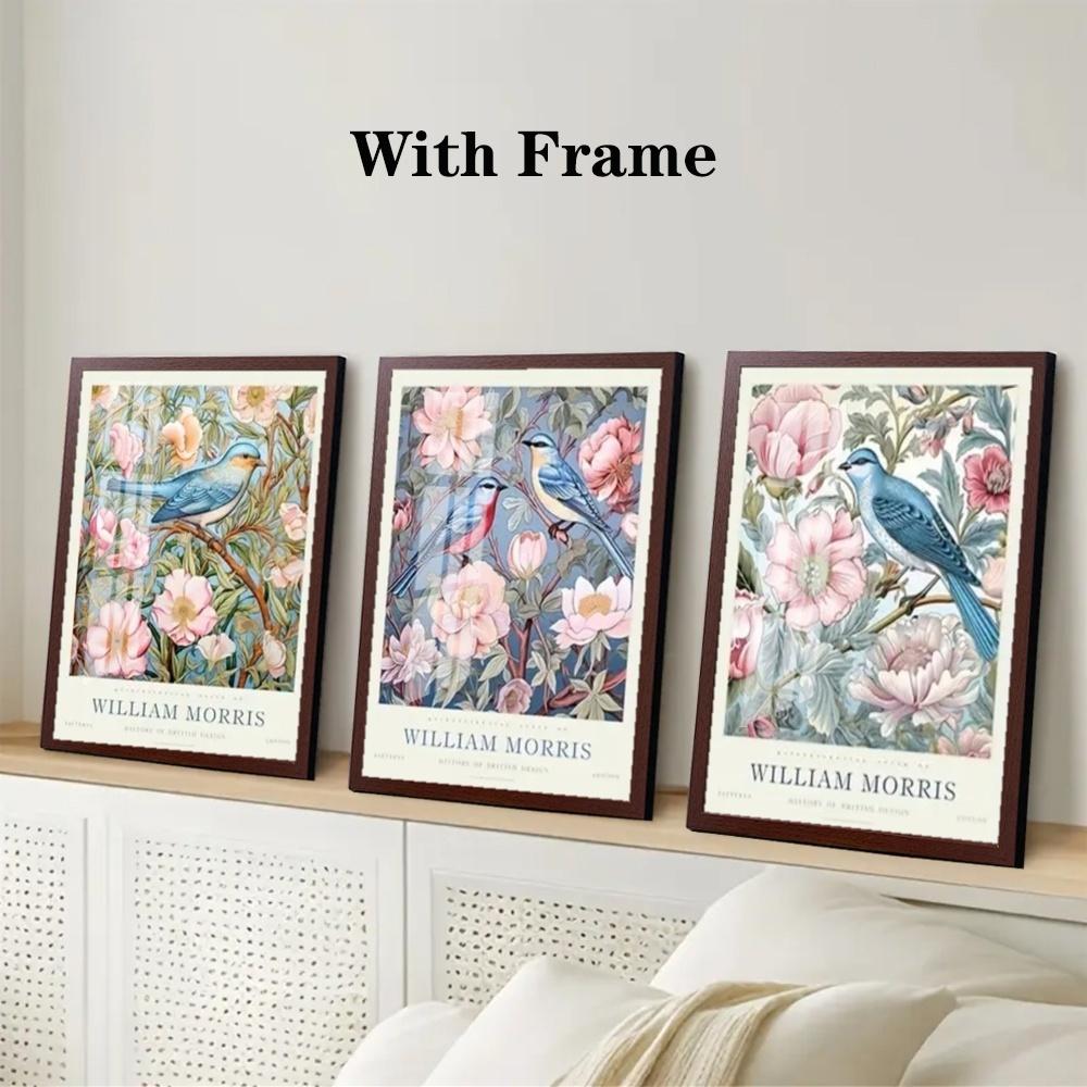 3 Pieces Optional Wooden Frame William Morris Floral Bird Wall Poster Canvas Painting Floral Wall Art Plant Retro Print Living Room Home Decor Color Accurate Reproduction Hanging Painting Clear Texture Canvas Print