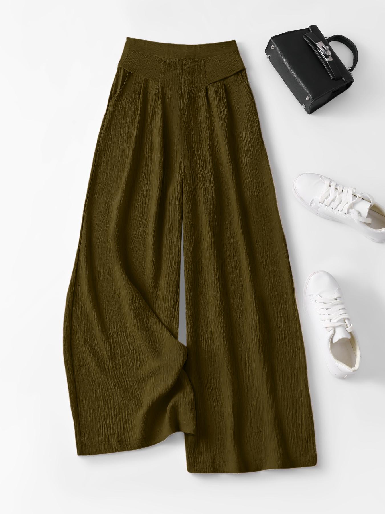 Women's High-Waisted Wide-Leg Pants, Womenswear Casual Bohemian Skin-Friendly Comfort Fit Trousers, Multiple Colors, S-XXL, Casual Textured Trousers