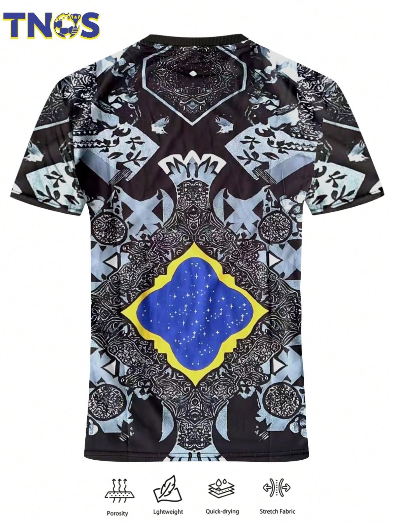 Men's Brazil Monochrome Christ the Redeemer Soccer Jersey, Intricate Pattern Print, Short Sleeve Football Shirt, Artistic Fan Apparel
