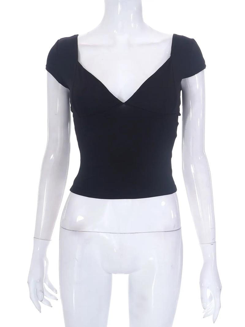 Women's Basic Minimalist Plain Backless Sweetheart Neck Crop Tee, Summer Clothes Women, Tee Shirts for Women, Lady Chic Sexy Casual Comfort Short Sleeve Skinny T-shirt Top, Ladies Clothes for Daily Wear, Feminine