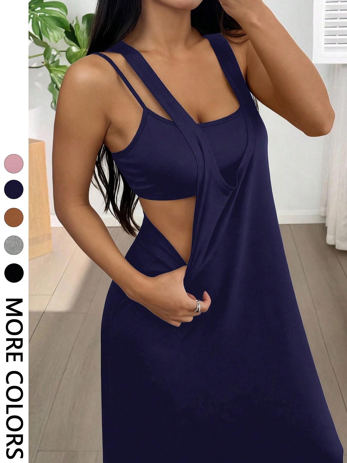 Women's 2pcs Heather solid color Tank Top & Cutout Maxi Dress Set , Soft Stretchy Fabric & Double-Strap Design Women's 2pcs Heather solid color Tank Top & Cutout Maxi Dress Set , Soft Stretchy Fabric & Double-Strap Design