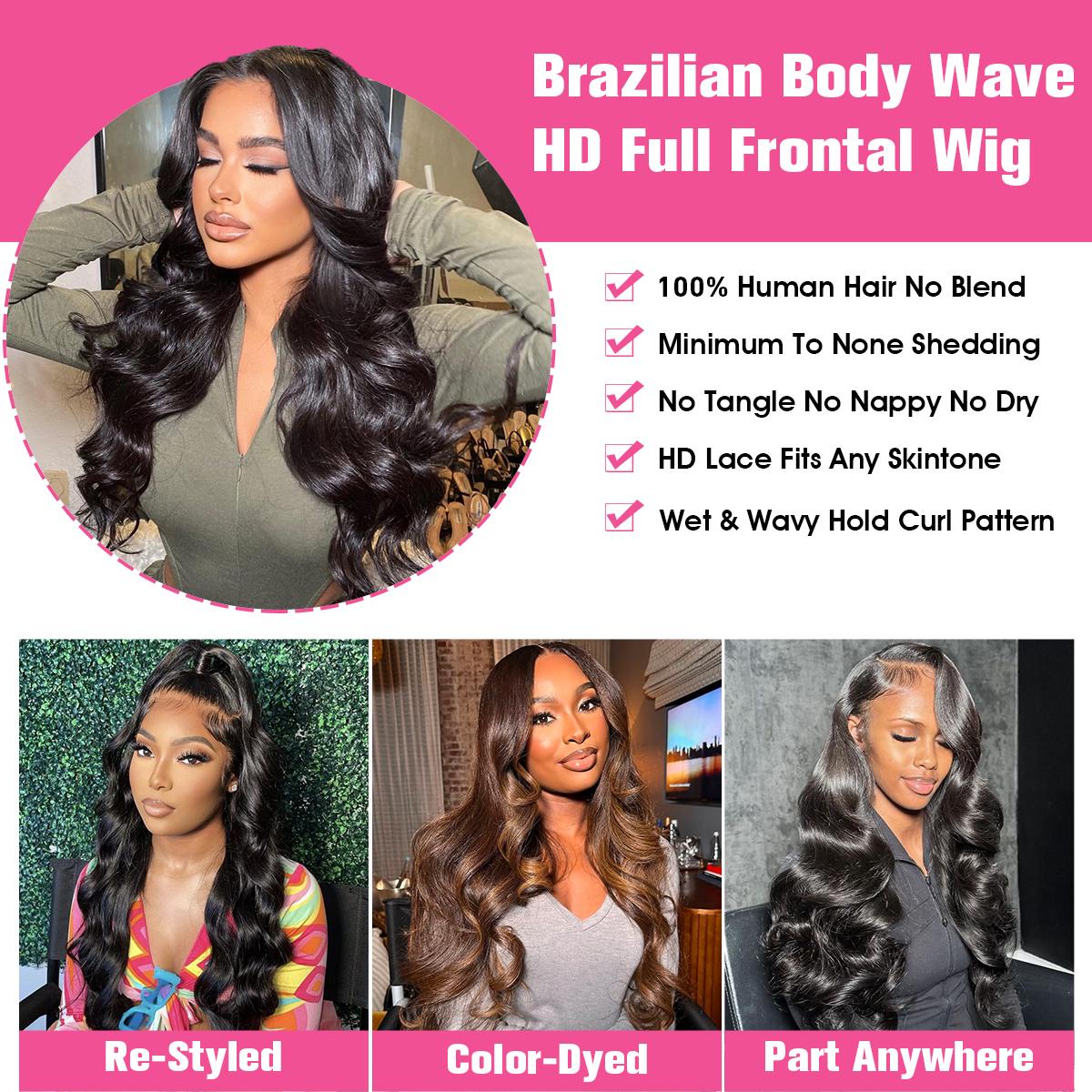Body Wave 13x6 HD Glueless Lace Remy Hair Drawstring Wigs 100% Human Hair with Baby Hair Pre Plucked Human Hair Wig 180% Density 6pcs Adhesive Strips Included Natural Color For Black Women