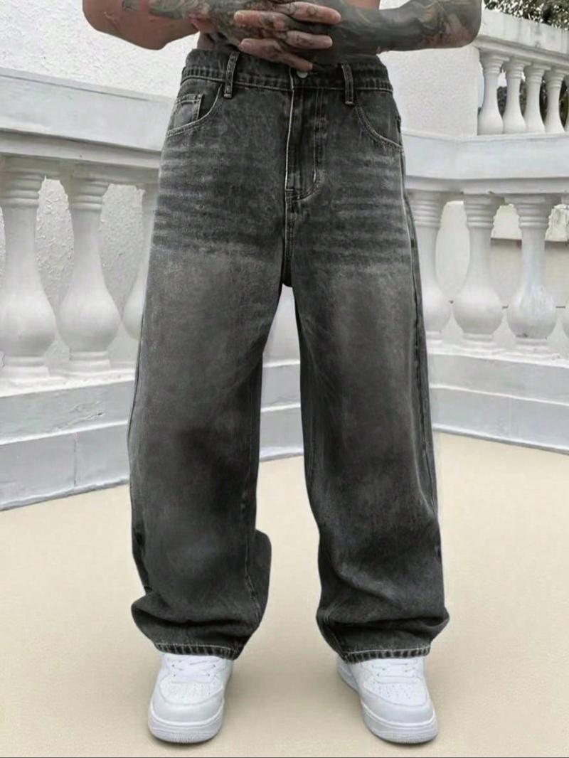 Men's Loose-Fit Denim Jeans, Fashionable Street Style Hip-Hop Washed Jean Pants, Comfortable All-Season Wear, Trendy American Design