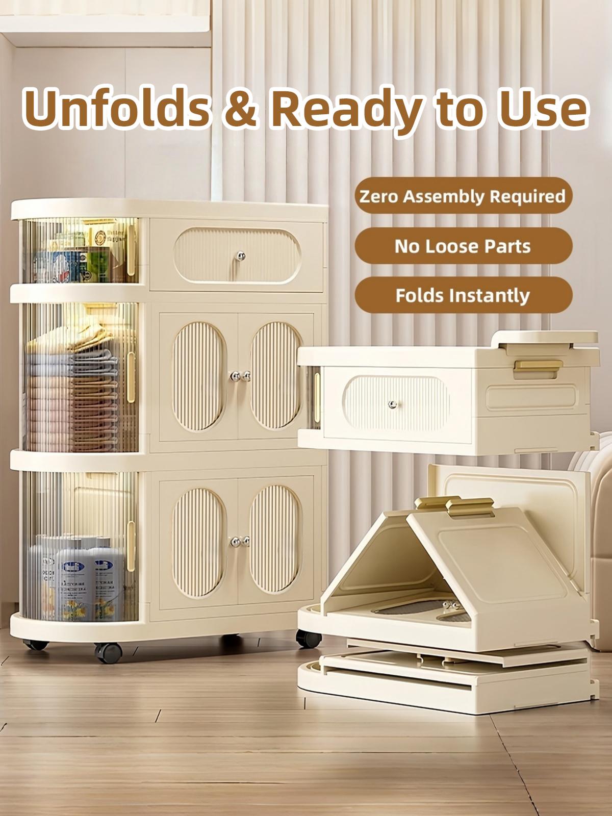 Multi-Layer Slim Storage Cart with Magnetic Doors - Portable Cabinet on Wheels with Handle, Large Capacity Organizer for Toys & Diapers, Foldable Trolley for Kids Room & Hallway, Easy Install Storage System