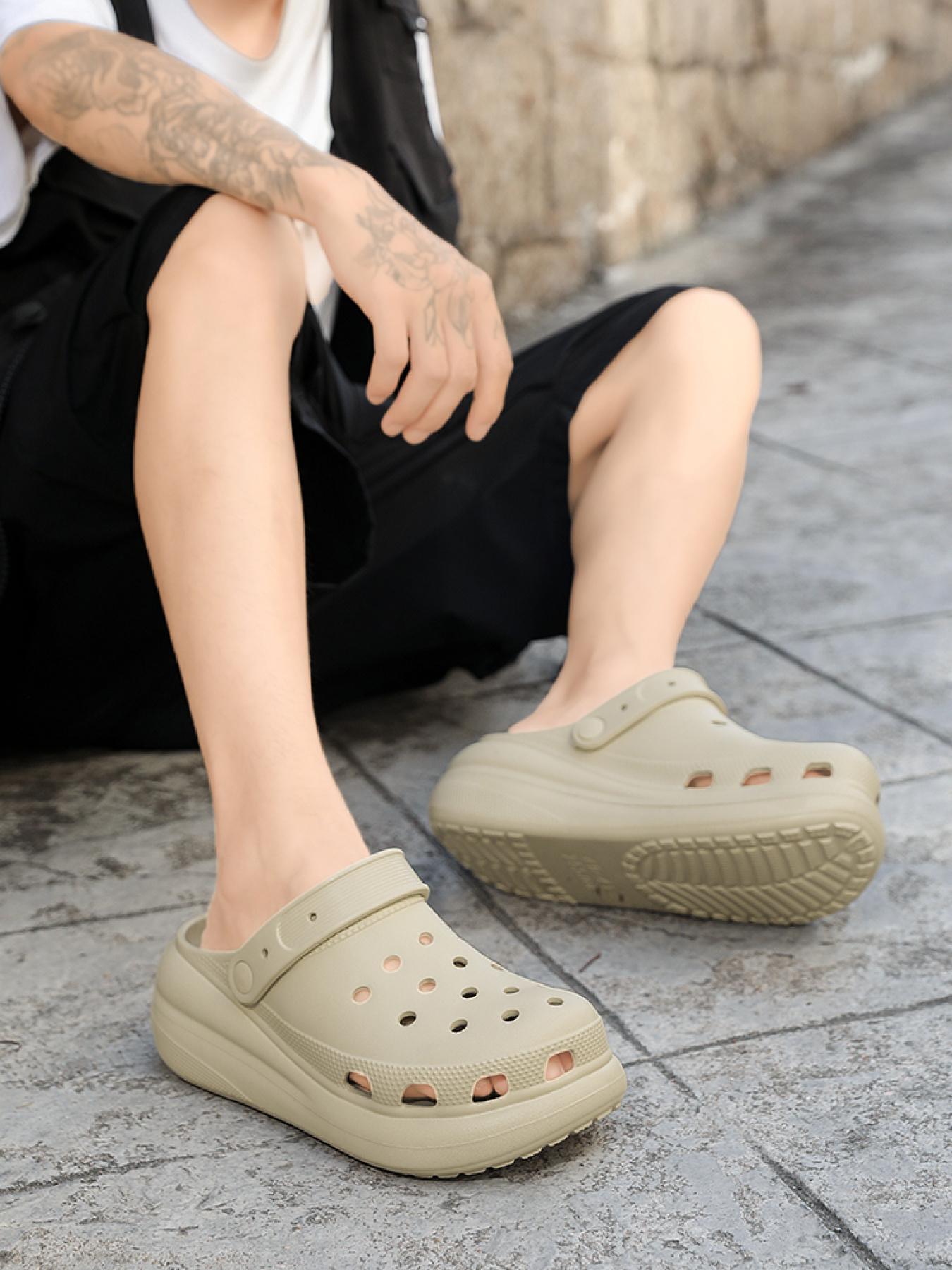 Unisex Khaki Thick-Soled Clogs: Dual-Wear Toe-Cap, Summer Outdoor Beach Slides