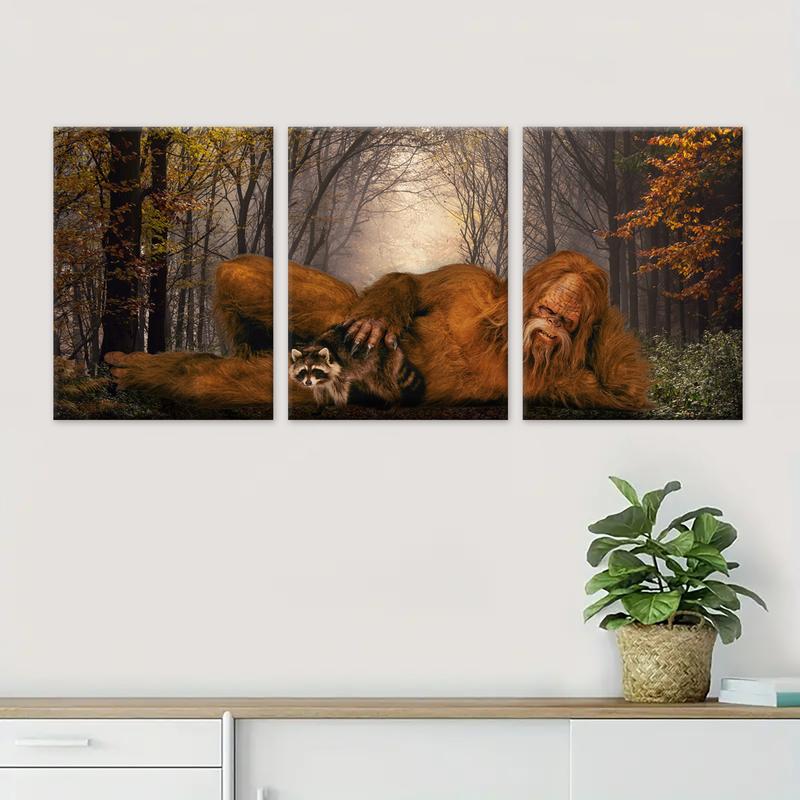 Wooden Framed Canvas Painting, 3 Counts/set Sasquatch & Animal & Tree Pattern Wall Art, Modern Wall Decor for Home Living Room Bedroom Office, Modern Home Decoration