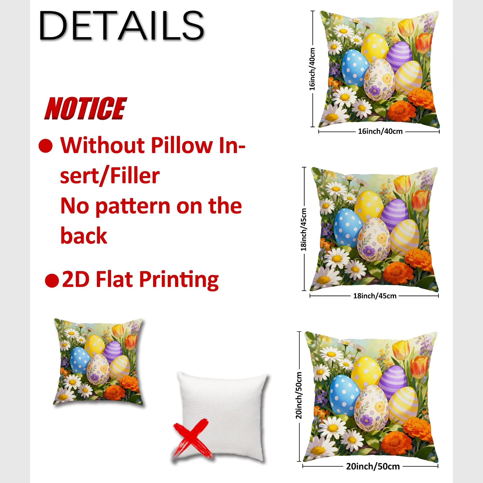 Jit 2pcs 2D Flat Easter Eggs Throw Pillow Covers, Spring Festive Daisies Tulips Design, Soft Velvet Material, Washable Cushion Cover