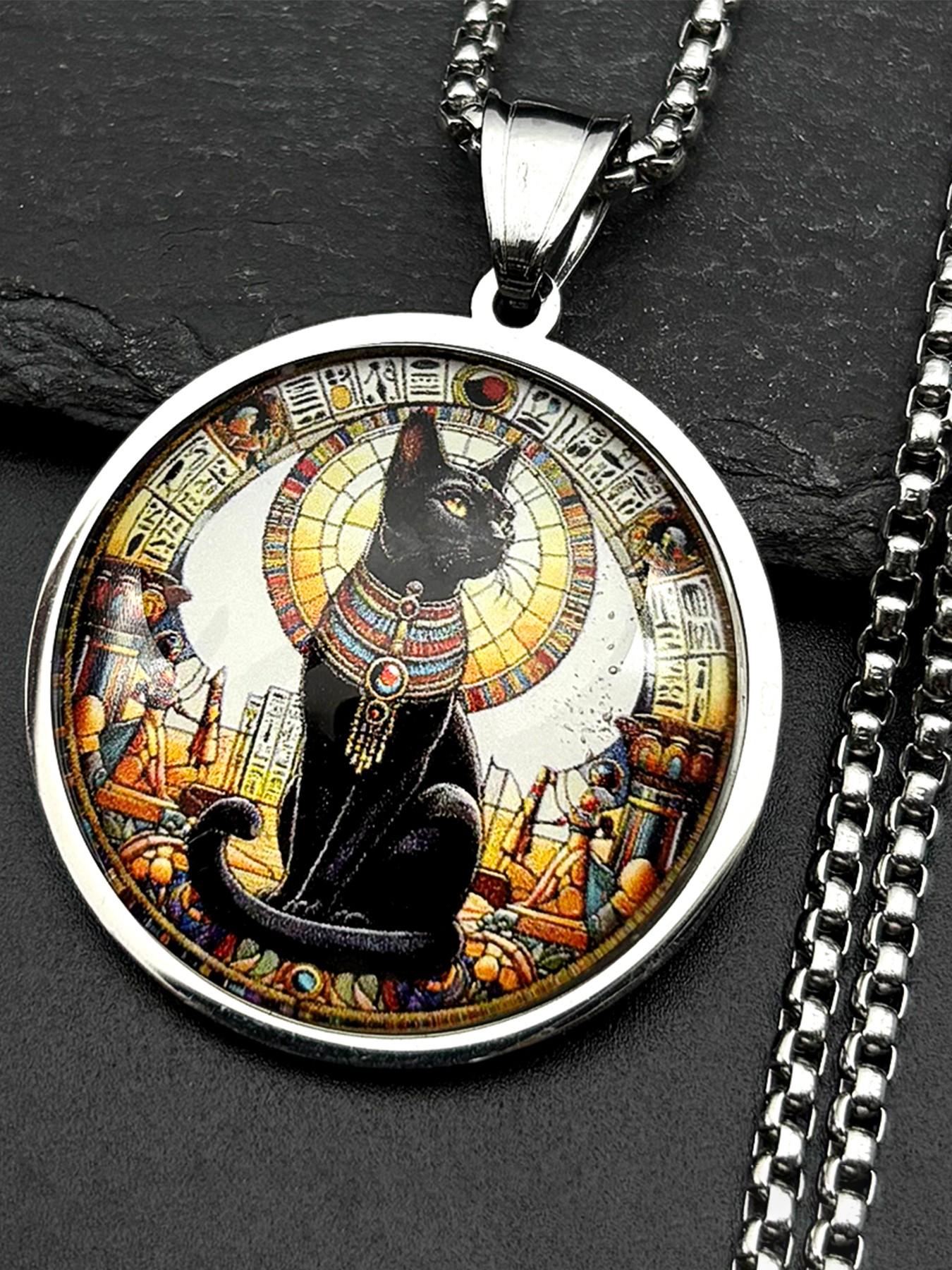 Vintage Black Egyptian Cat Goddess Bastet Glass Pendant Necklace Stainless Steel Gold Color Ancient Egypt Chain Amulet