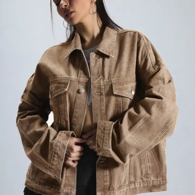 Women's Plain Basic Button-Front Drop-Shoulder Fitted Denim Jacket Coats, Casual Fashionable Outerwear Long-Sleeve Collared Pocket Outerwear for Daily Wear, Aesthetic Womenswear #GLOBAL PICKS