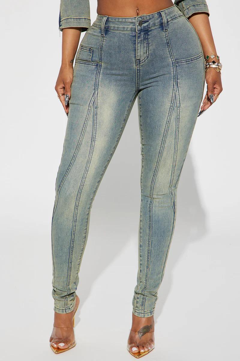 Elengatine Mid Rise Stretch Skinny Jeans - Medium Wash Women's Vintage Light Wash with Contrast Stitch Fit Bottom Fashionable All Seasons Below the Ankle Jeans for Trendy Streetwear and Daily Wear Pants Trouser