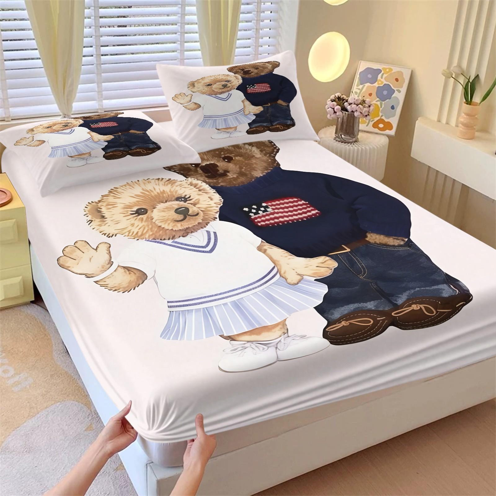 Teddy Bear Flower Pattern Bed Sheet, Comfortable Printed Pattern, Includes 1 Bed Sheet and 2 Pillowcases, Comfortable Bedding, Non slip Dust Cover Suitable for Bedroom and Guest Room, Suitable for Adult Gifts