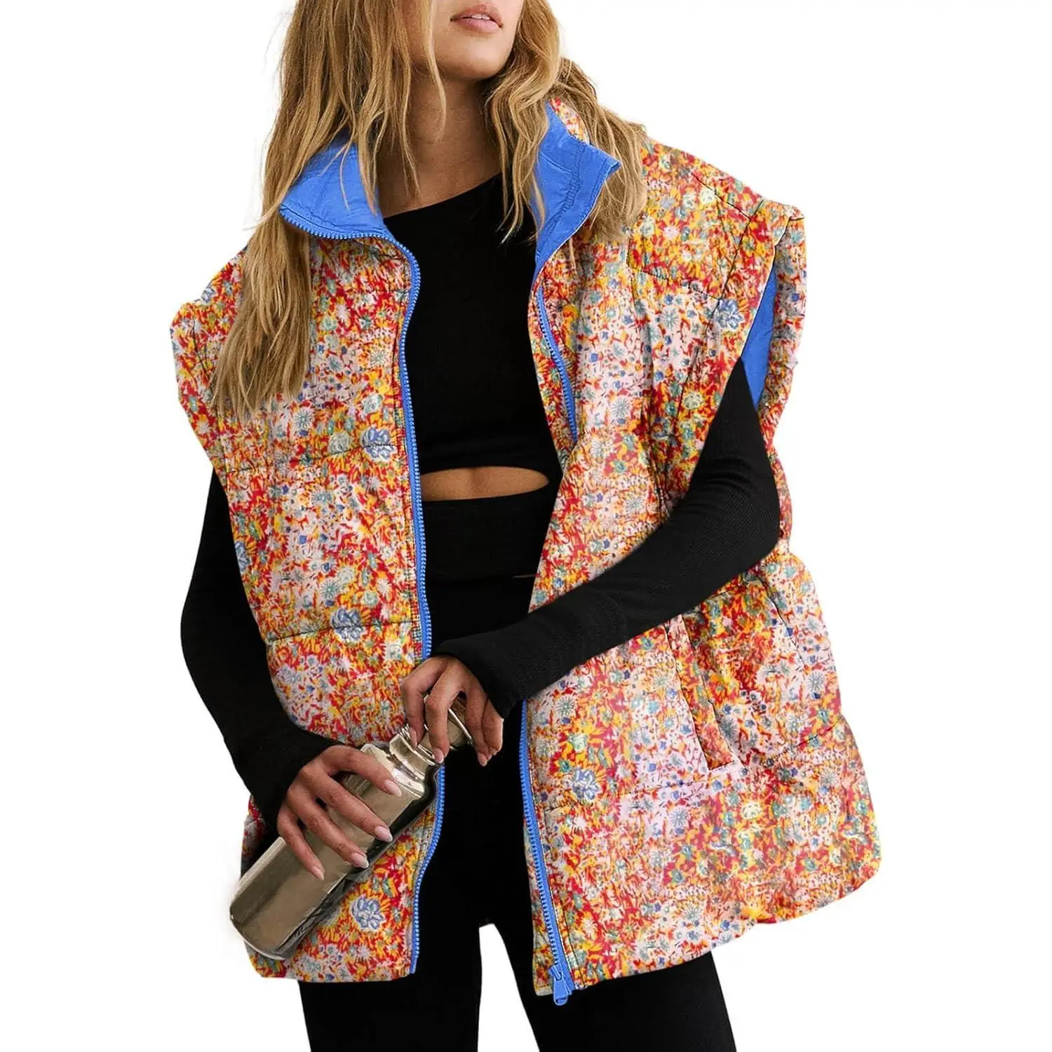 Imily Bela Women's Cute Chic Knit Floral Oversized Padded Puffer Vest - Cap Sleeve, Winter Warm, Lightweight Women's Top Jacket Coat