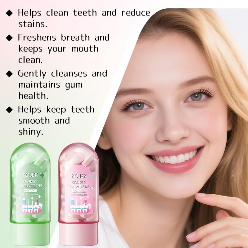 Probiotic Solid Toothpaste Tablets, Toothpaste Without Fluoride, Gentle Effective Toothpaste, Oral Care, Peach Mint Flavor, 30 Count, Eco-Friendly, Long-Lasting Fresh Breath, Whitening Teeth, Suitable for Sensitive Gums