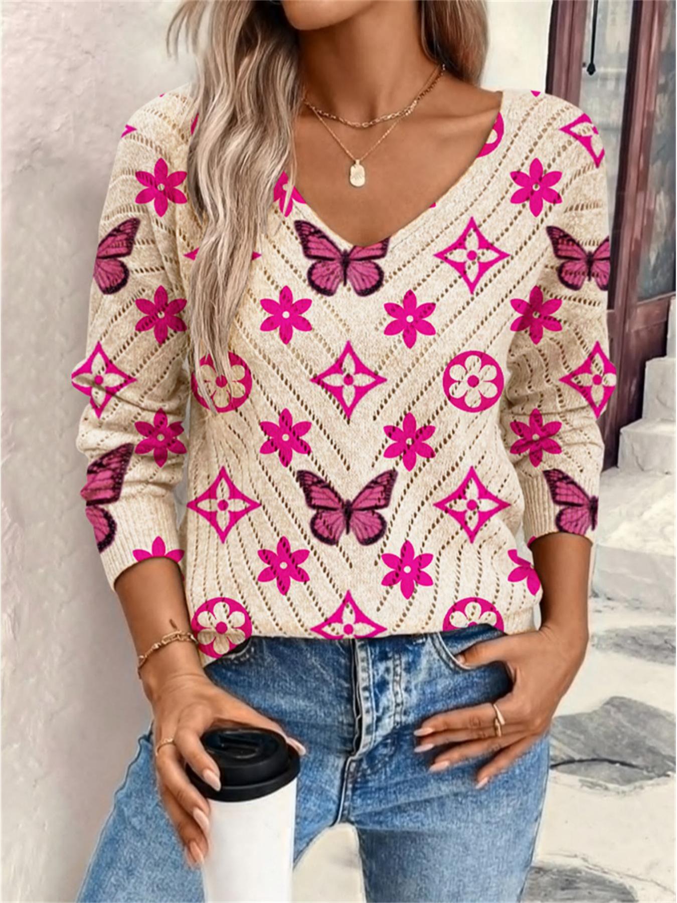 Women's Geometric Butterfly Print Long Sleeve Knit Top, Casual Elegant Vacation Style Sweater, Loose V Neck, Comfortable Warm Fall Winter Knitwear