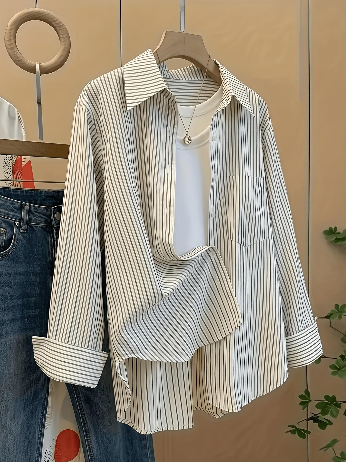 Women's Fashion Striped Shirt Blouse with Long Sleeves and Pockets, Womenswear, Elegant Simple Design, Commuter Office Wear, Casual Stylish Top, Ladies' Clothing, Casual Collared, Casual Blouse Shirts, Casual Button Up, Blouse Tops