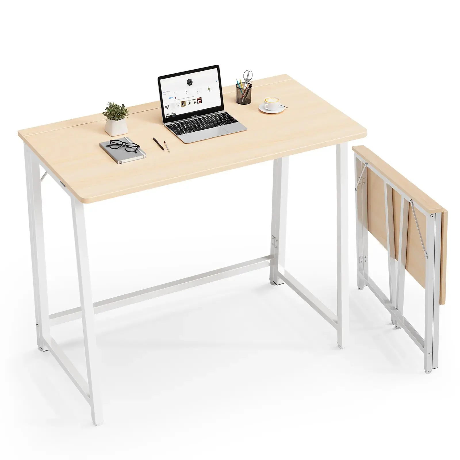 31.5x15.75in Sturdy Foldable Steel-Wood Computer Desk - Tool-Free Compact Modern Office Writing Workstation, 198.4 lbs Capacity, Secure Lock Latch, Scratch-Resistant Feet, P2 Particle Oak Finish, Lightweight WFH Small Space Furniture