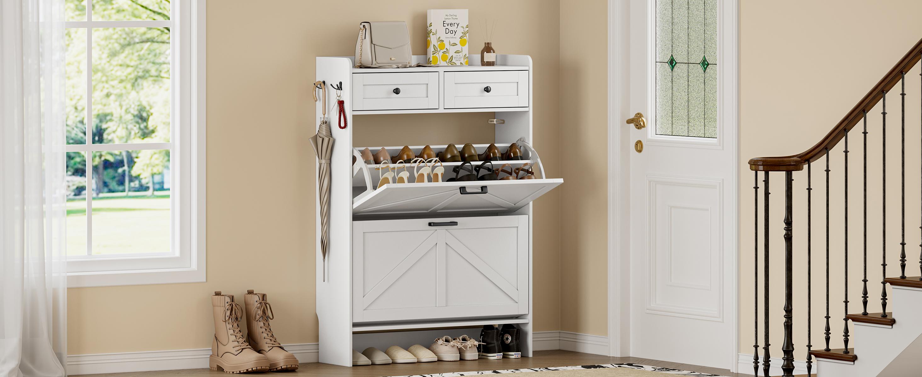 Shoe Storage Cabinet for Entryway, Farmhouse Narrow Shoe Cabinet with 2 Flip Drawers & Top Drawers, Adjustable Shelves & Hooks, Freestanding Hidden Rack Organizer for Hallway, Foyer Shoe Storage Cabinet for Entryway, Farmhouse Narrow Shoe Cabinet with 2 Flip Drawers & Top Drawers, Adjustable Shelves & Hooks, Freestanding Hidden Rack Organizer for Hallway, Foyer