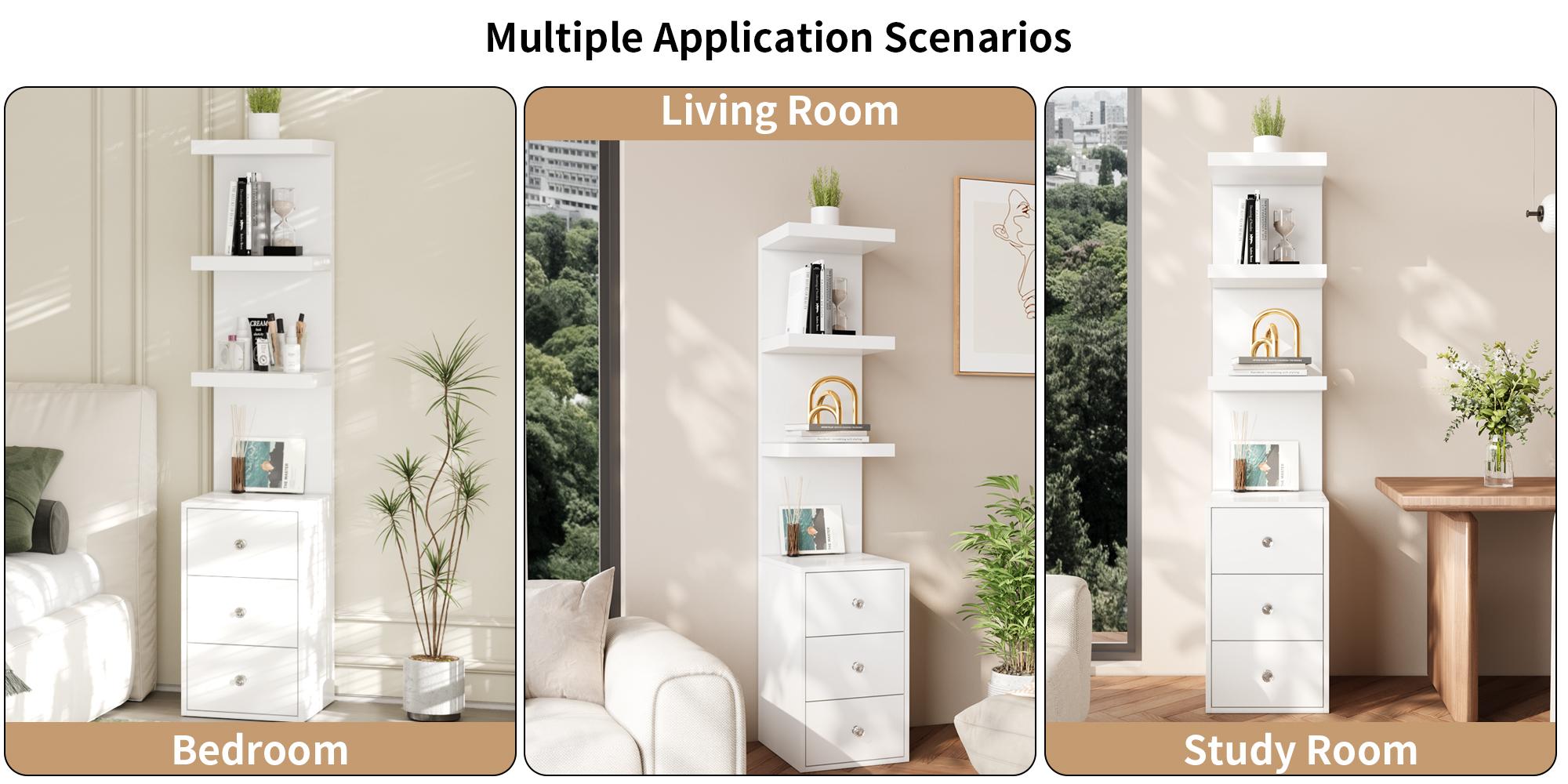 VOWNER 3 Tier Stand Shelf with 3 drawers Modern Beside Table Nightstand with LED Light for Vanity Bedroom