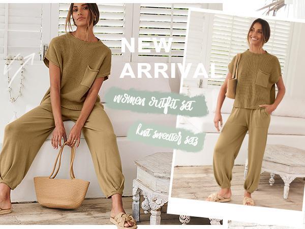 ANRABESS Women's Two Piece Outfits Knit Sweater Vest Crop Top Pants Lounge Matching Tracksuit Comfortable Sweatsuit Travel Clothes Sets