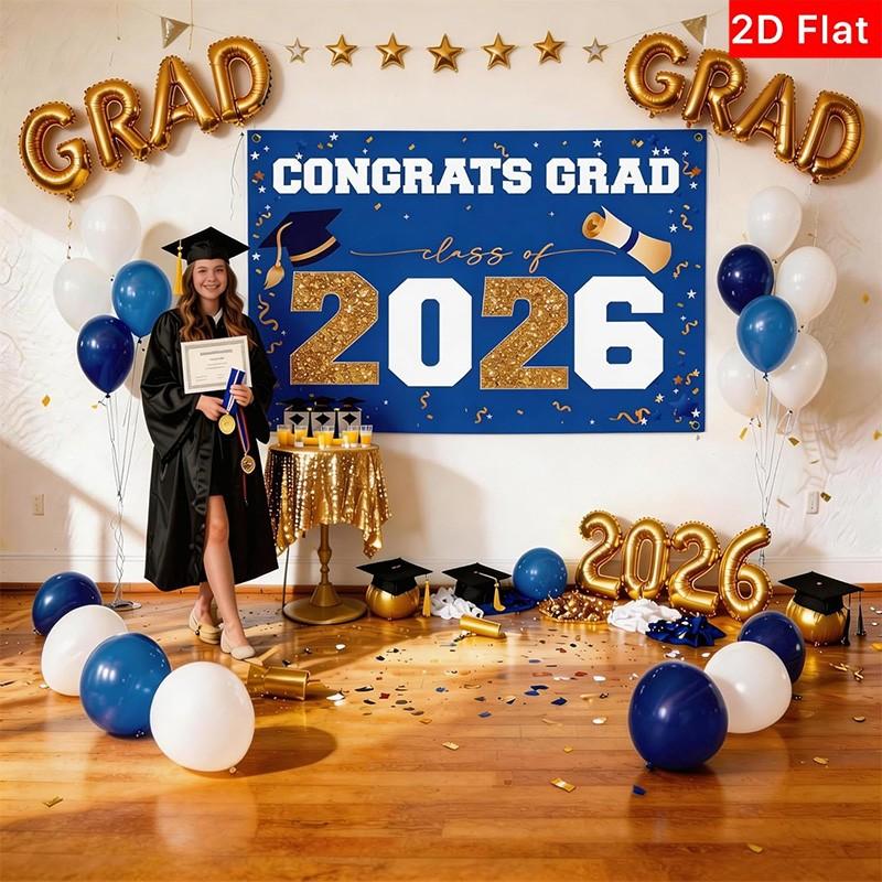 2D Flat Banner 1pc, 2026 Graduation Season Decor, Large Outdoor Flag, Blue, High School & University Party Supplies