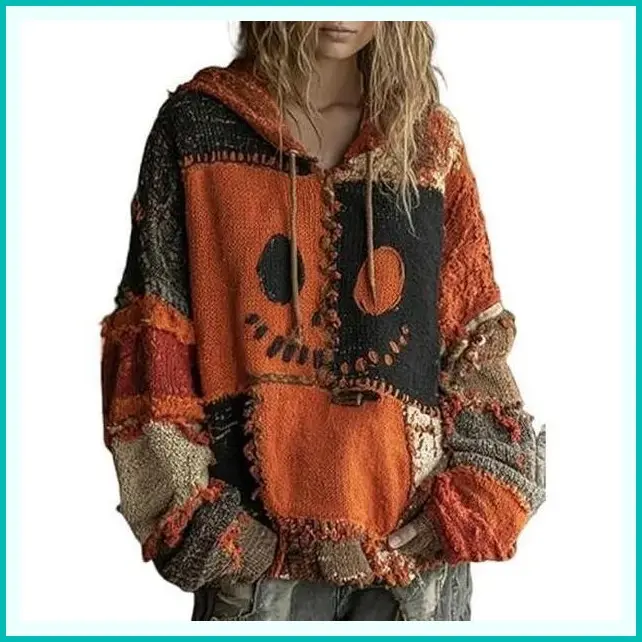 Patchwork Print Pumpkin Face Hoodie Sweatshirt for Women