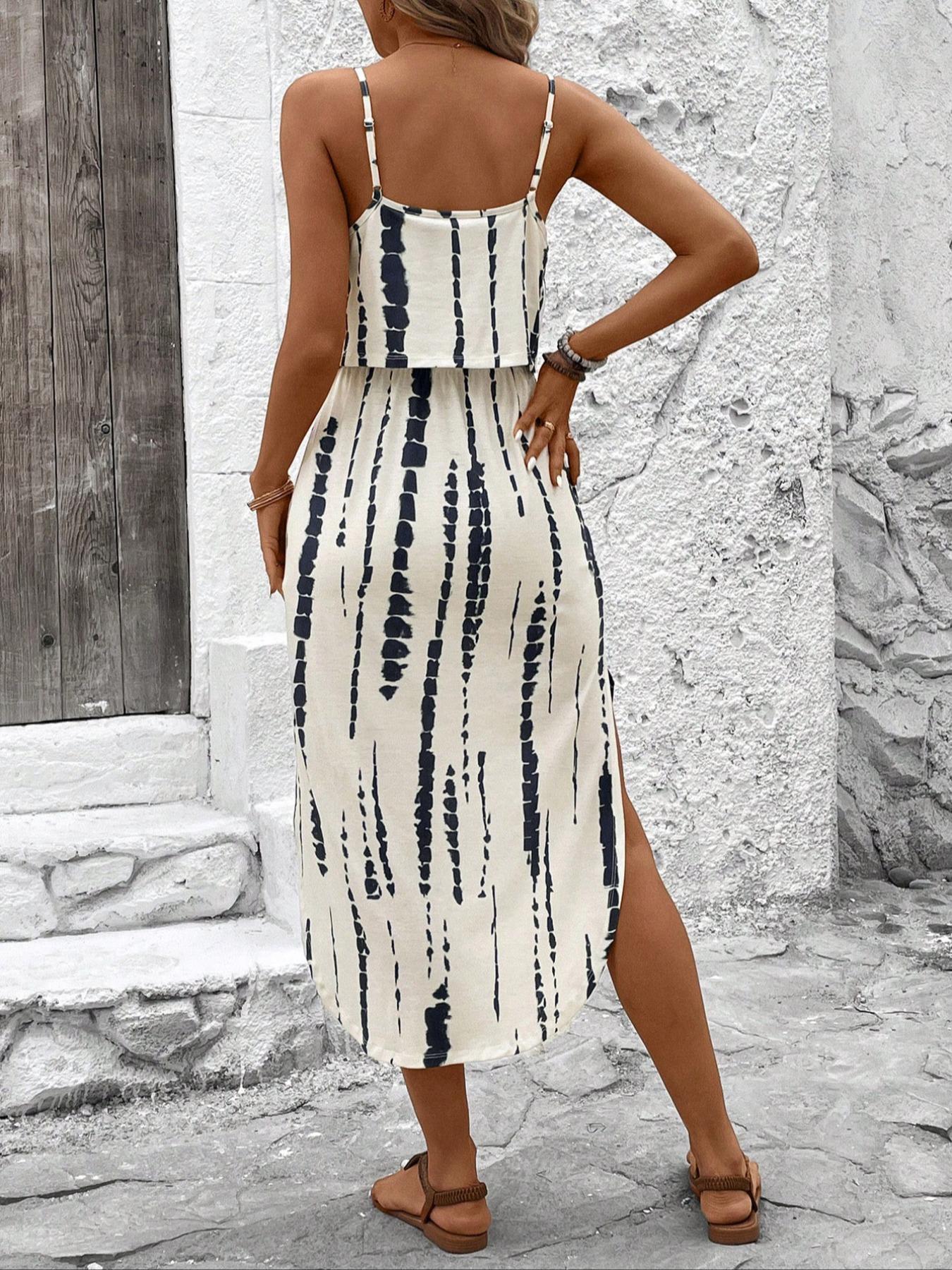 Women's Summer Tie-Dye Sleeveless Dress, Split Thigh Fitted Long Dress, Casual Vacation, Multicolor Floral Print