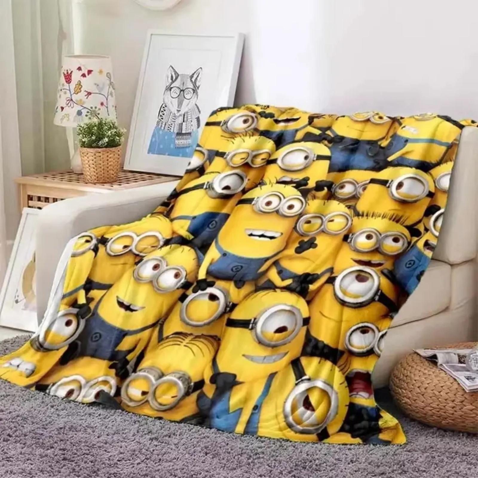 Cute Minions Printed Flannel Blanket 6 Sizes Soft Cozy Lightweight AC Throw Blanket Kids Adults Sofa Bed Bedroom Living Room Outdoor Travel Cartoon Bedding Movie Night Home Decor Gift Halloween Christmas Birthday Viral Blanket