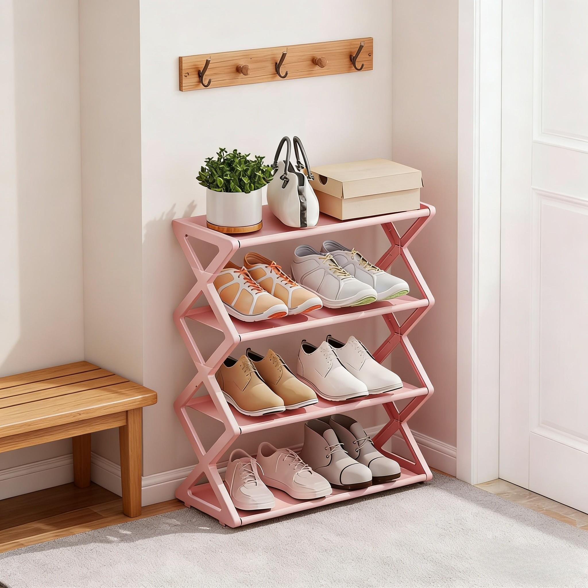 4 Layer Foldable Shoe Rack, Space Saving Storage Solution, X Frame Vintage Style, No Assembly Needed, for Porch, Closet, Kitchen