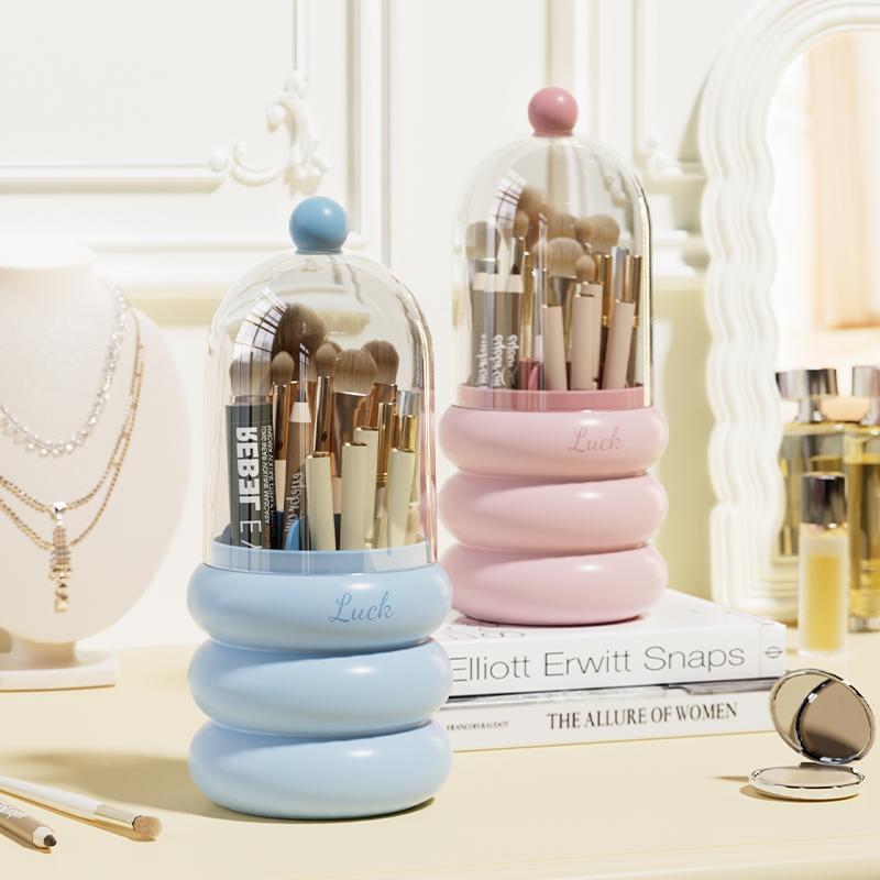 360° Rotating Makeup Organizer with Clear Dustproof Lid – Rabbit Ear Design, Multi-Layer Storage for Brushes, Lipsticks, and Skincare, Polished Finish, Countertop Vanity Organizer