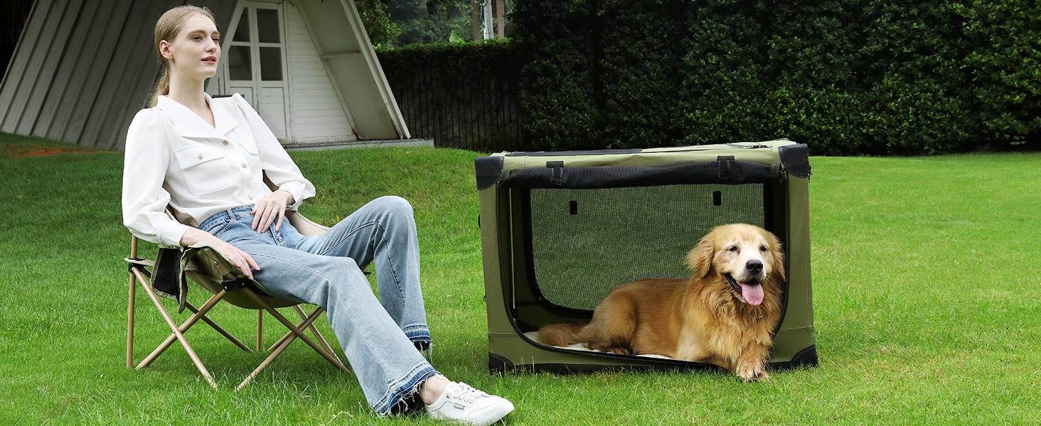 Collapsible Travel Dog Crate for Medium Large Dogs, Portable Oxford Cloth Dog Crate 4-Door Foldable Soft Kennel with Chew-Proof Mesh Windows for Indoor & Outdoor Travel,with Storage Bag,Green