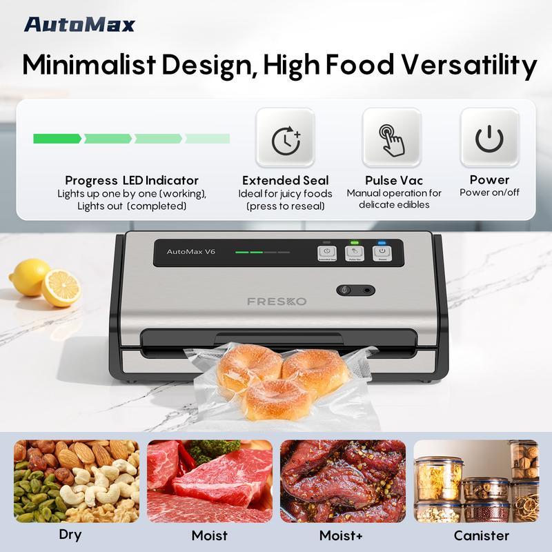 FRESKO AutoMax V6 Automatic Vacuum Sealer Machine, Double Heat Seal Food Saver with Built-in Cutter & Bag Storage, Includes Bags & Rolls FRESKO AutoMax V6 Automatic Vacuum Sealer Machine, Double Heat Seal Food Saver with Built-in Cutter & Bag Storage, Includes Bags & Rolls