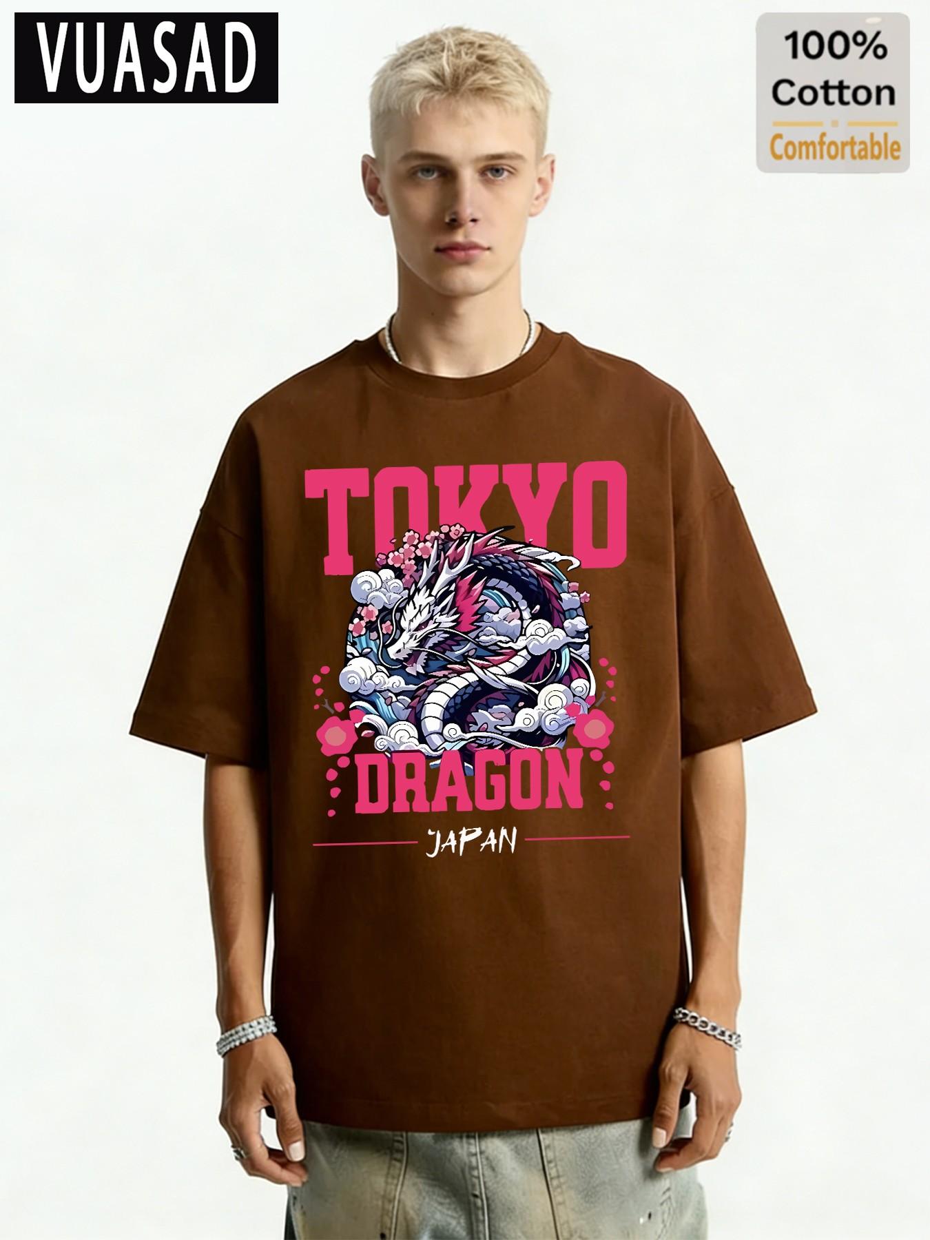 100% Cotton Short Sleeve T-Shirt, Japanese Style Tokyo Dragon Cherry Blossom Print, Loose Fit Drop Shoulder Top, Casual Fashion