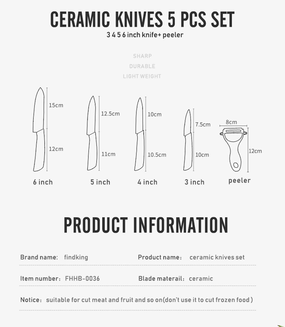 FINDKING 6pcs Ceramic Knife set, Good Quality Kitchen Knife 3" 4" 5" 6 inch Peeler with Acrylic Holder, Cutting Meat, Vegetable and Fruit, Kitchen Tools Block