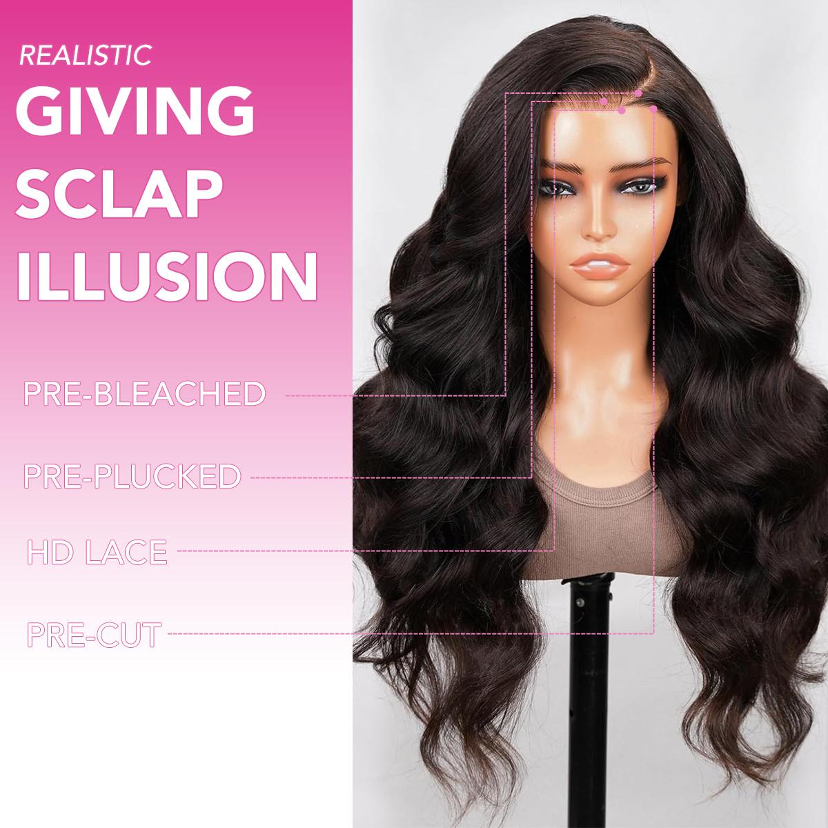 Subella Hair All-Day Wear Comfort Real Glueless 8x5 HD Lace Side Part Wig 200% Density Hair Loose Body Wave Lace Front Wigs Human Hair Pre Cut Plucked Lace Frontal Natural Black Color