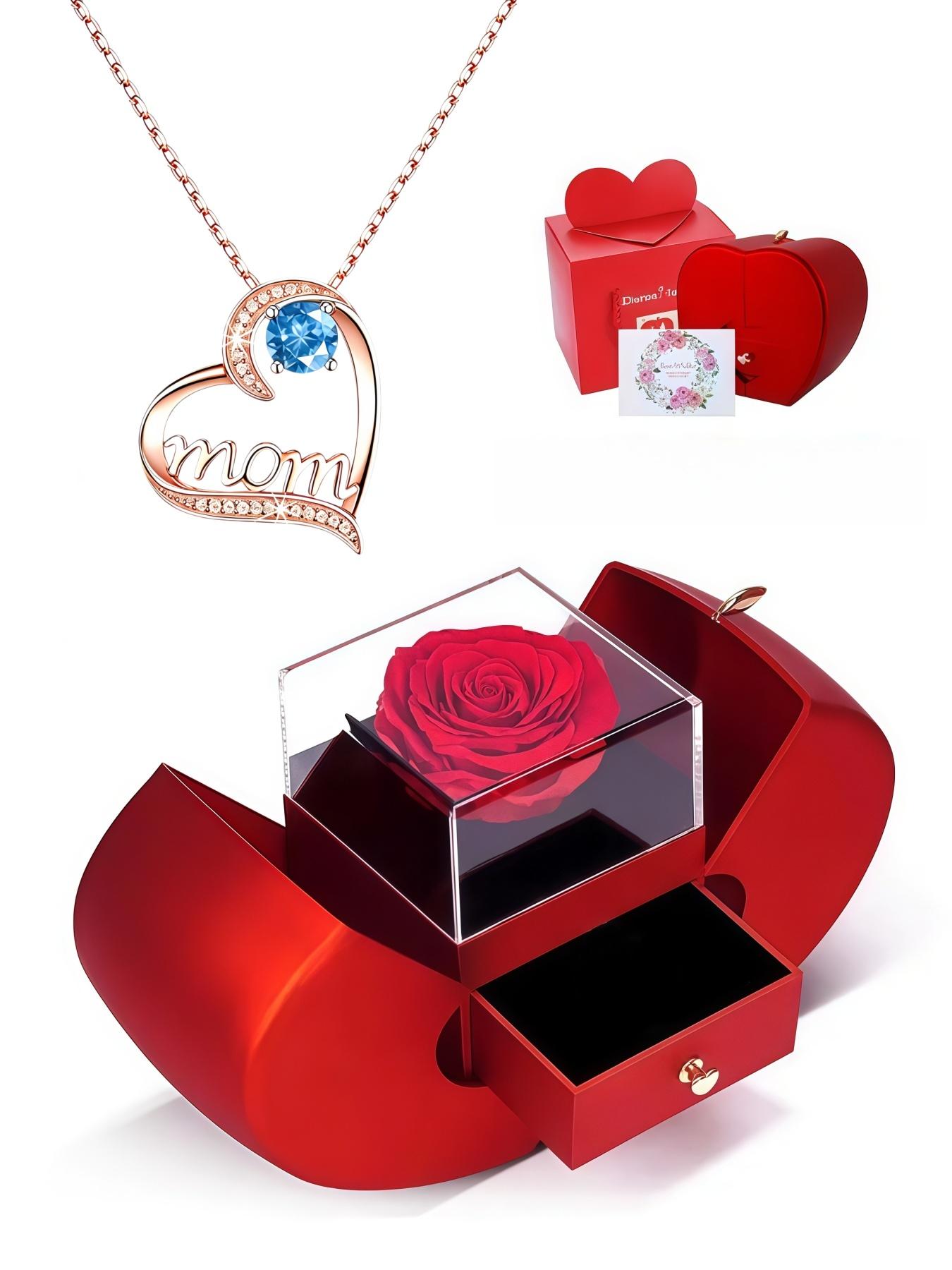 Eternal Maternal Love • Mother's Day Necklace Heart-shaped MOM rose gold gem necklace with light luxury and premium feel.Paired with an apple-shaped preserved rose jewelry gift box.Perfect gift for birthdays, Mother's Day, Valentine's Day and Christmas.