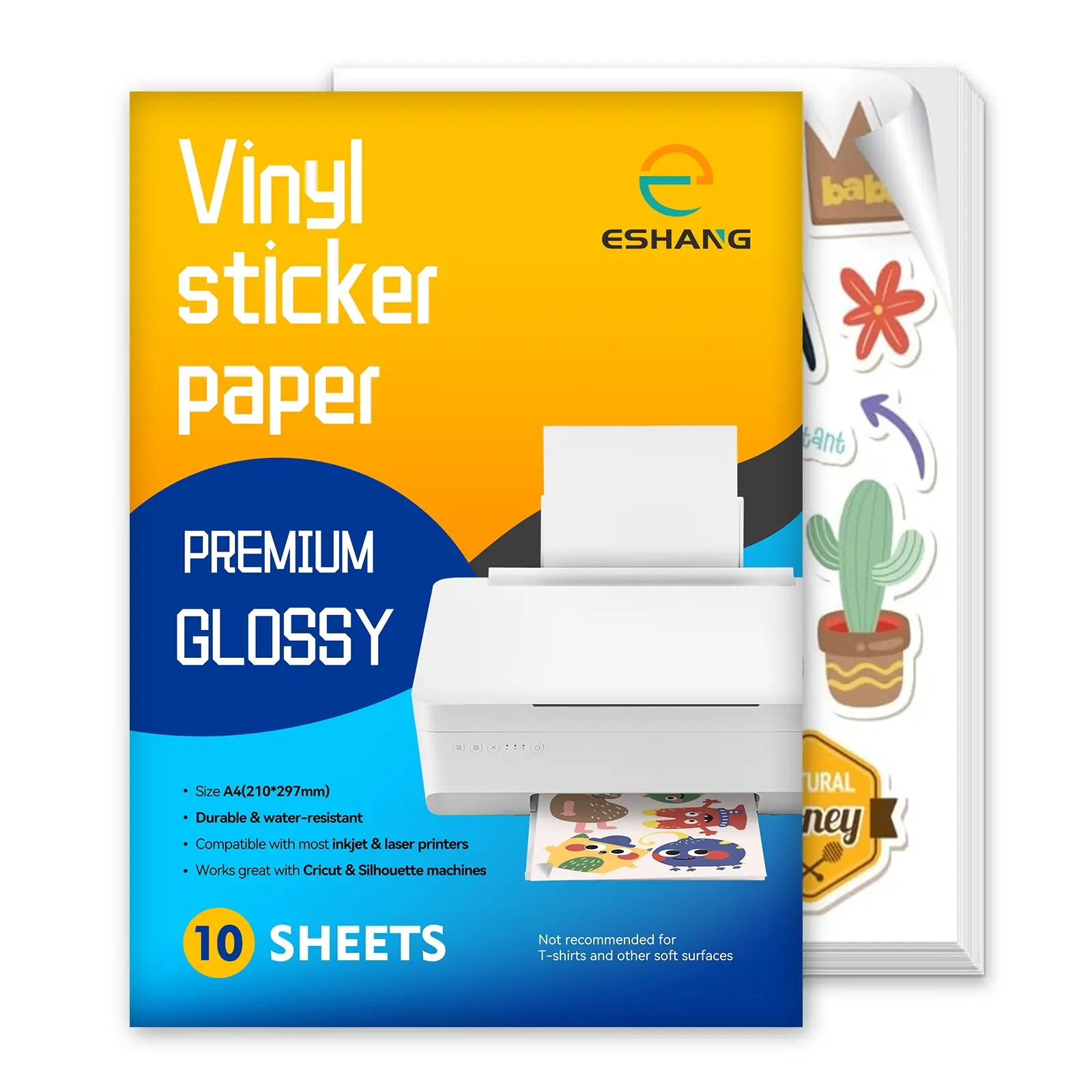 Eshang 10 Sheets A4 Glossy Vinyl Sticker Paper, 8.3x11.7 Inches, Compatible with Inkjet & Laser Printer, Self-Adhesive & Waterproof, DIY Projects