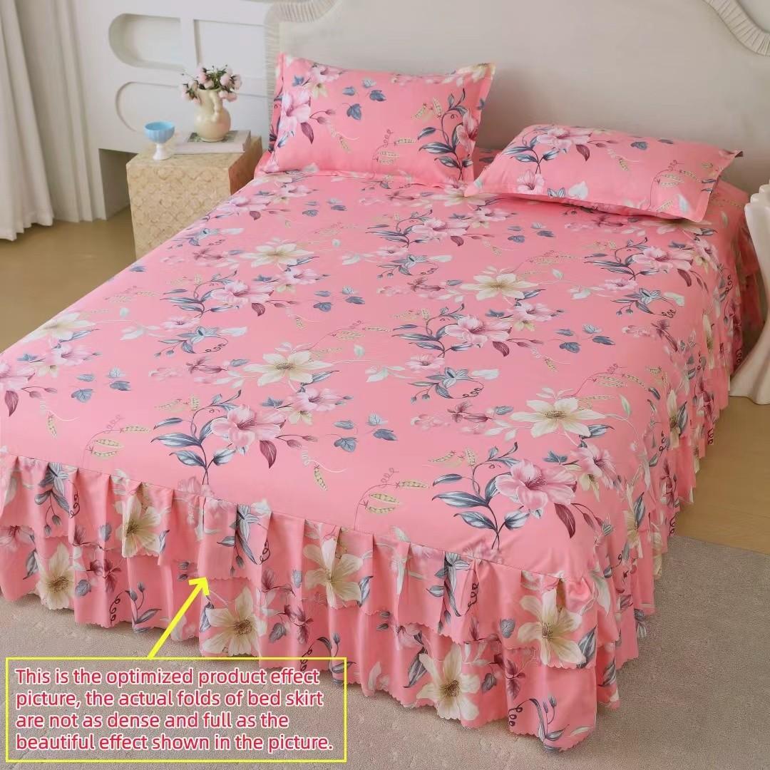Floral Print Ruffled Edge Bed Skirt Set, 3 Counts/set Including 1 Bed Skirt & 2 Pillowcases without Filler, Comfy Bedding Set for Home Bedroom, All Seasons, Bedroom Decor, Christmas Gift