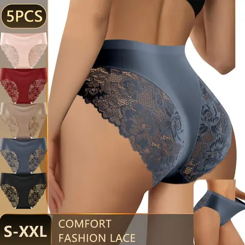 QUASTI Women's 5PCS Mid Waist Lace Panties, Seamless Full Coverage Soft Stretch Breathable Underwear, No Show Elastic Fabric for Casual Everyday & Sports Yoga Wear, S-XXL