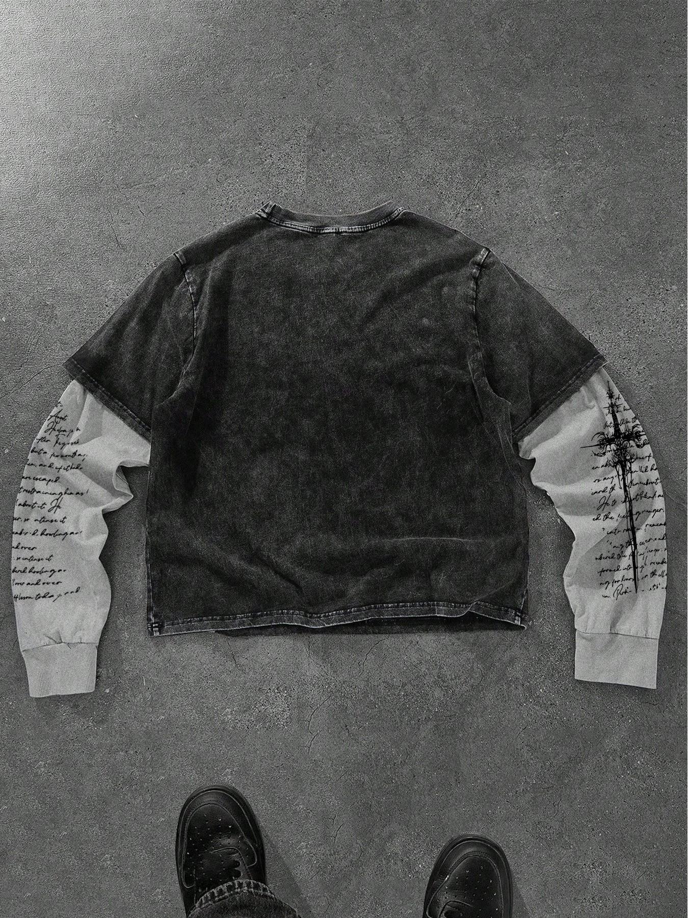 Men's Opium Style Acid Wash Double Layer Long Sleeve Crewneck T
