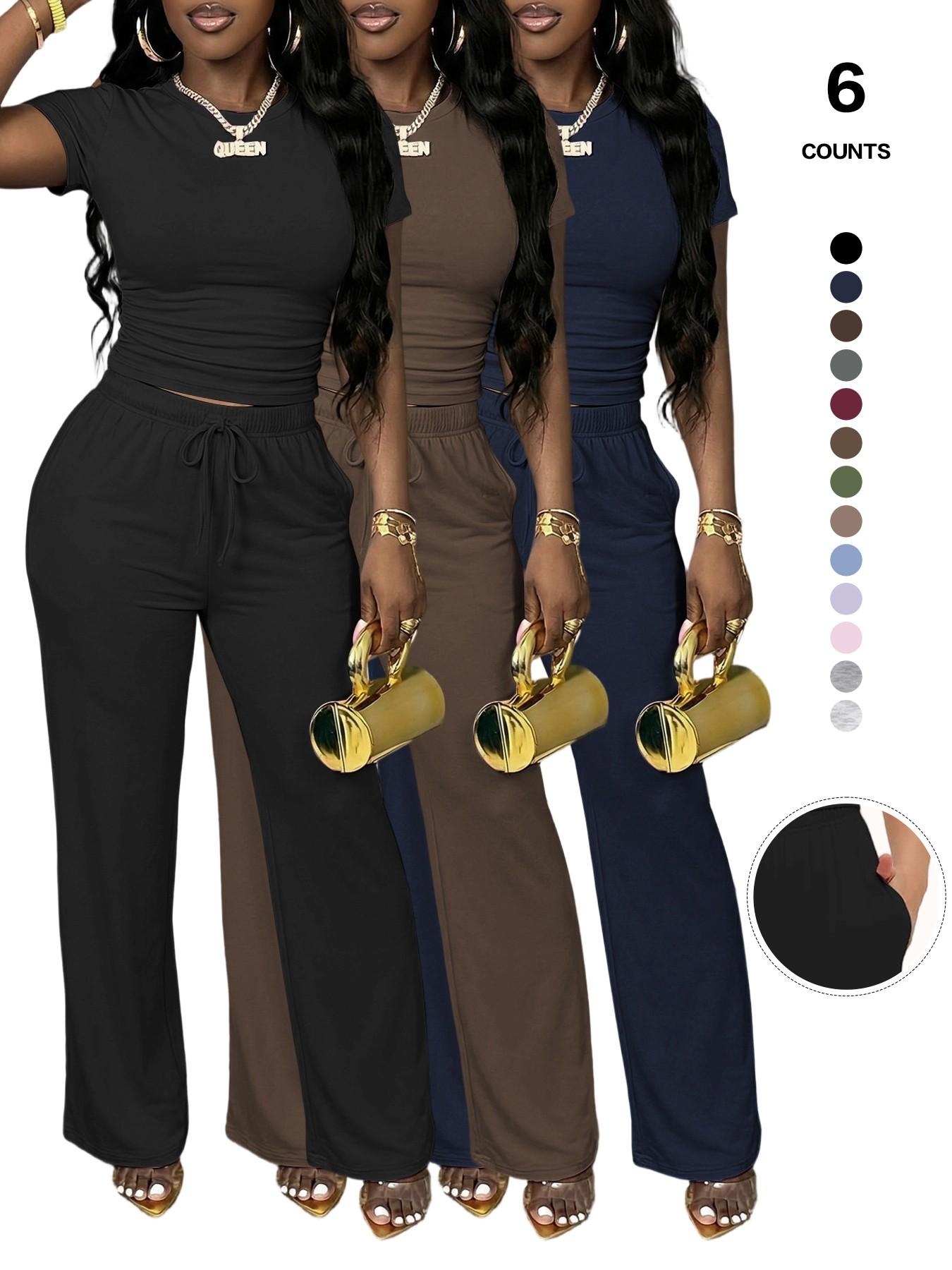 Women's Spring Summer Casual Set, Round Neck Short Sleeve Top & Wide Leg Pants, Slim Fit Home Wear, 2 Piece Comfortable, Casual Fashion Set