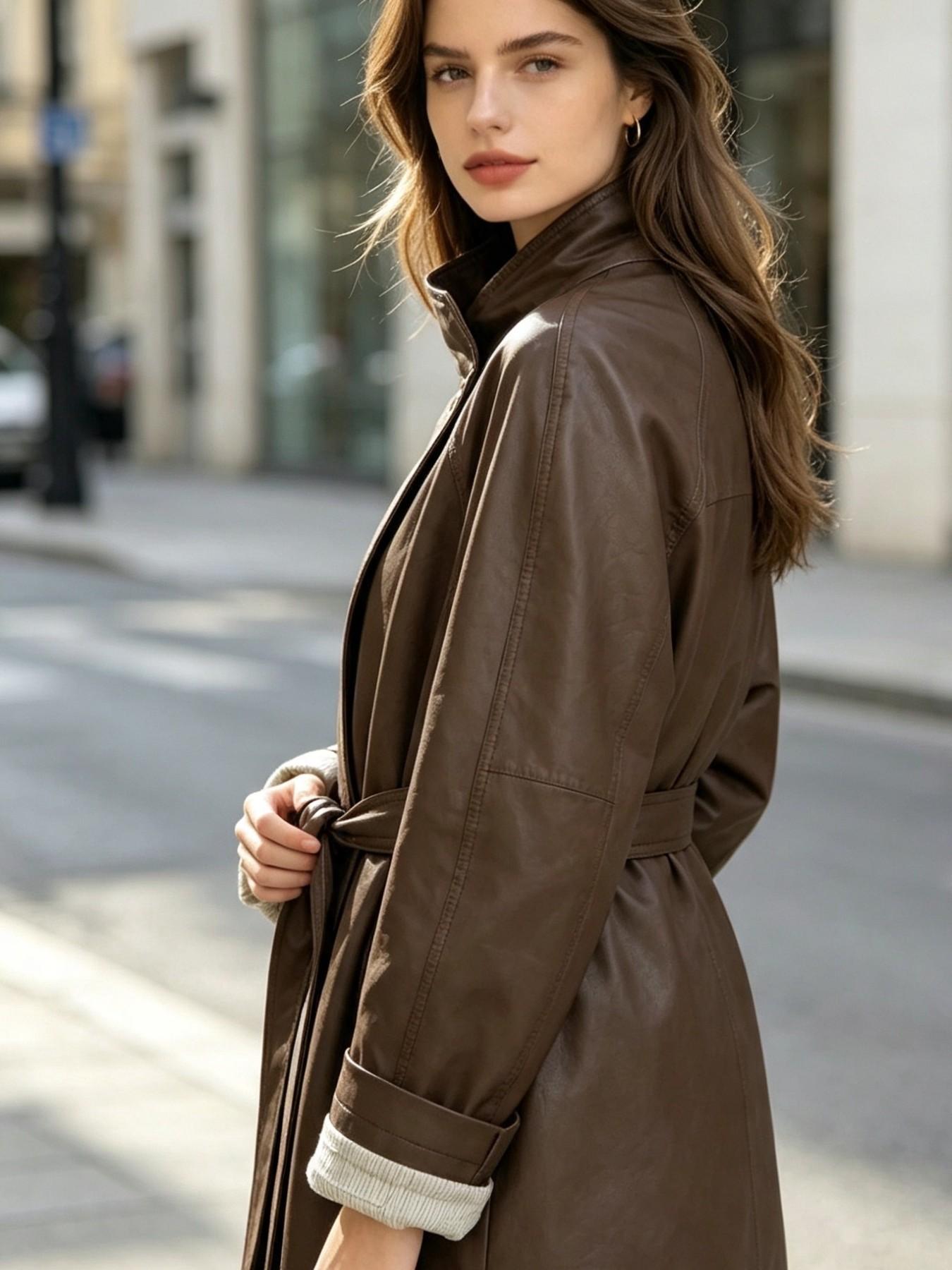 Mead Vintage Windbreaker Women's Autumn New Stand Collar Wrap Tie Waist Mid-Length Coat Loose Fit Foldable Sleeve Small Size Chic Motorcycle Leather Jacket