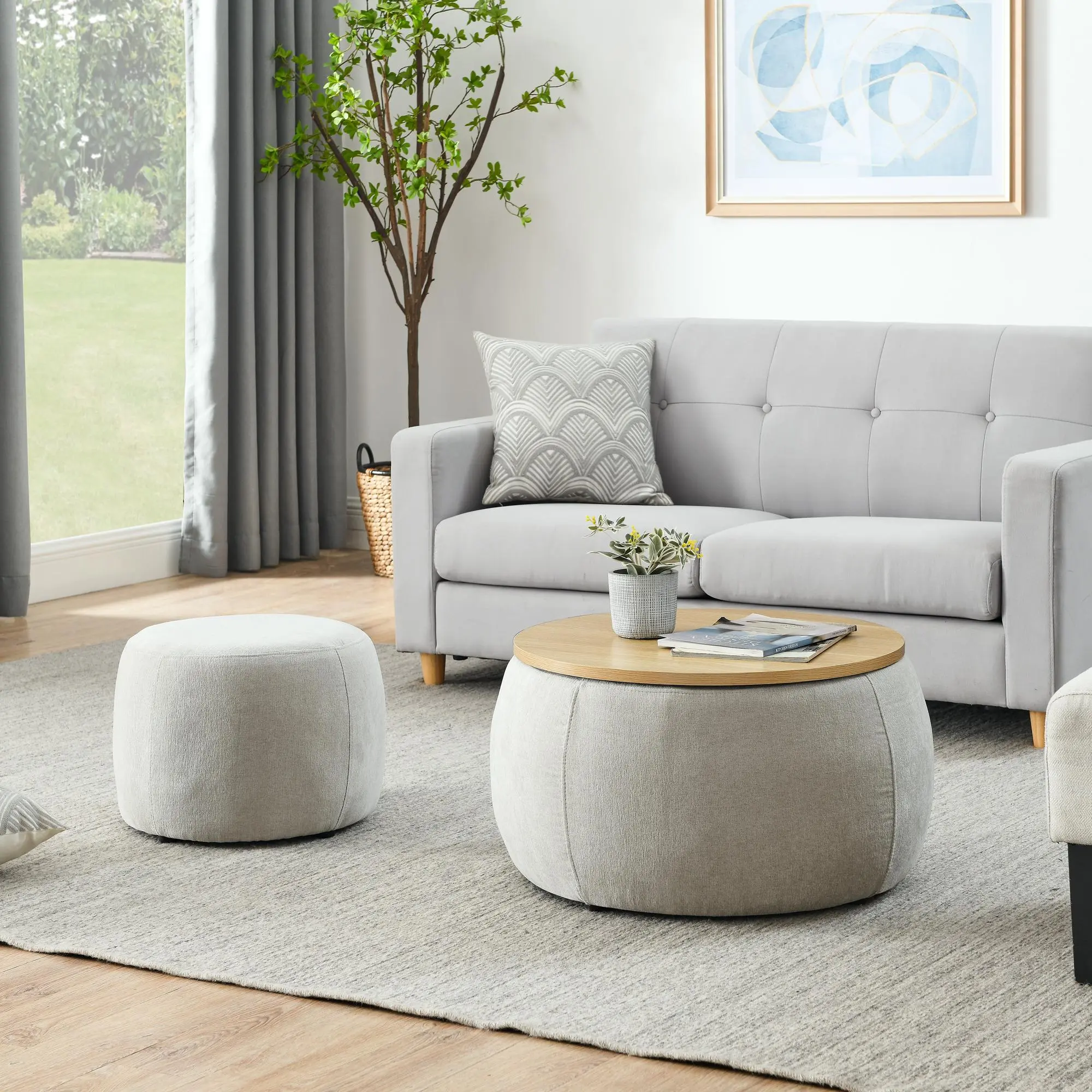 Round Storage Ottoman with Removable Top, 2-in-1 End Table and Footstool, Light Grey, 25 in. Diameter